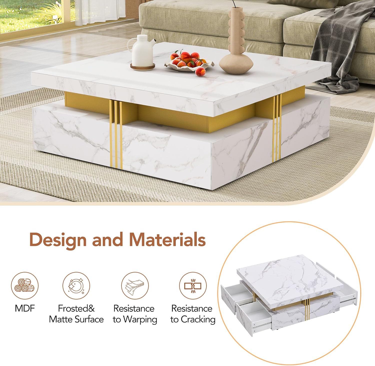 Modern White Square Storage Coffee Table with 4 Drawers for Living Room