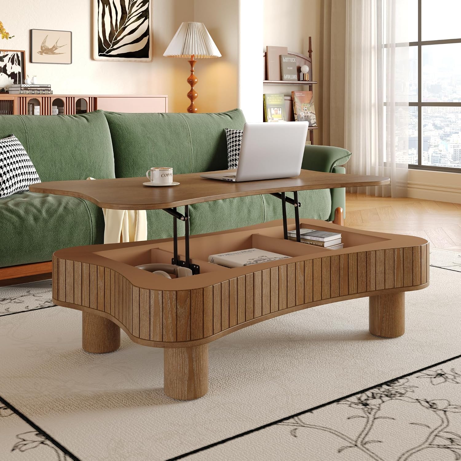 Irregular Coffee Table with Storage Cloud Coffee Table with Lifting Top Mid Century Modern Coffee Tables Smart Low Center Tables for Living Room 42.52'' Dark Walnut