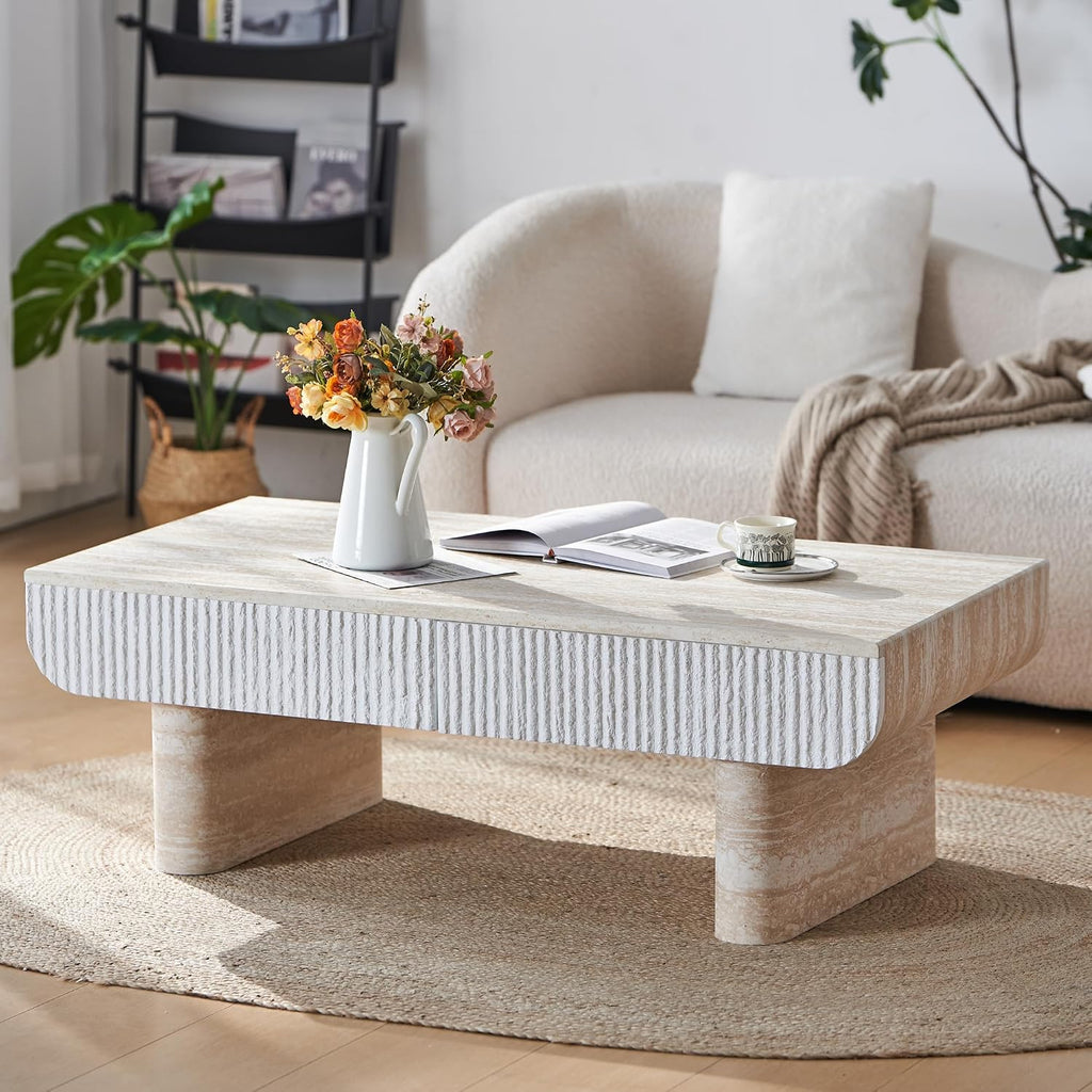 46.8' Coffee Table with Faux Marble Tabletop,Mid Century Modern Coffee Table with Fluted Drawer for Living Room,Office,Beige Brown