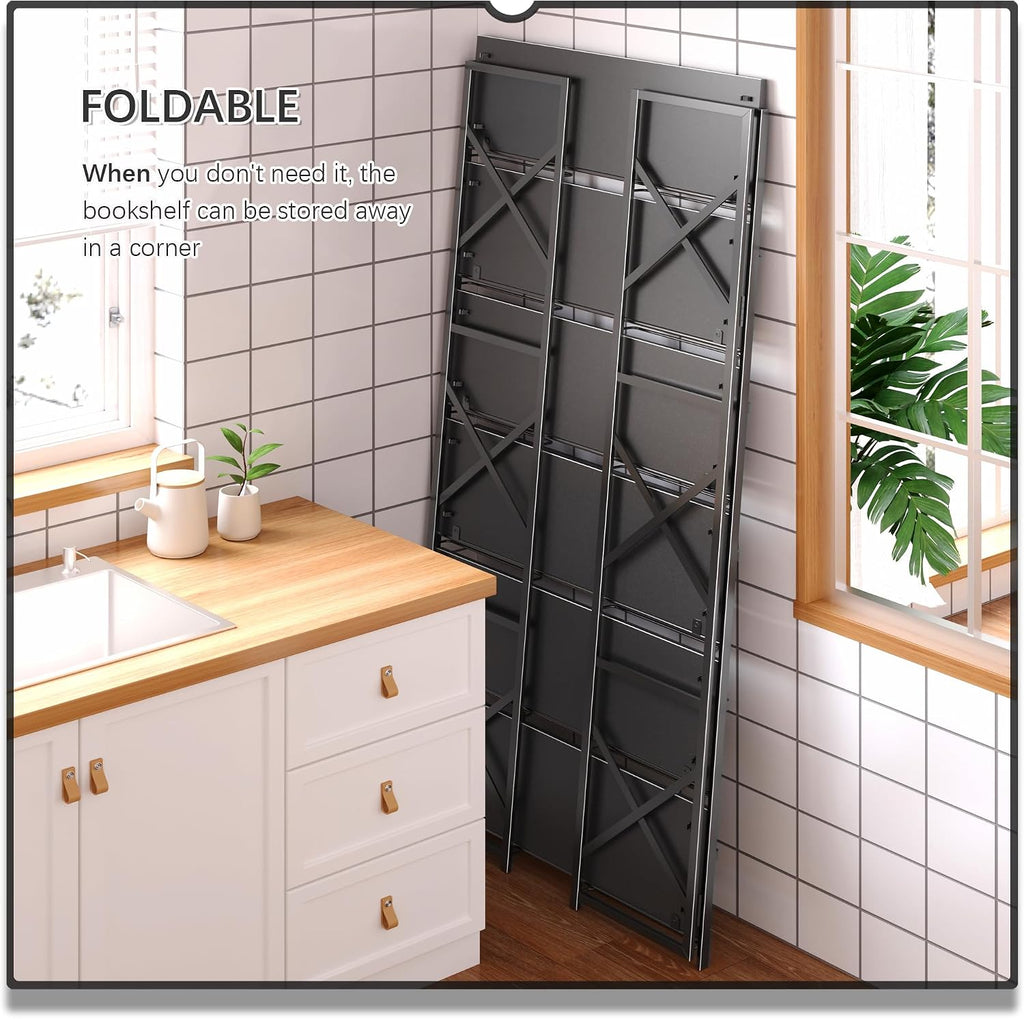 4NM Extra Wide 6 Tiers No Assembly Book Shelves, 61.8' H Folding Bookshelf Bookcase Open Industrial Foldable Shelves for Bedroom, Living Room, Home Office - All Black