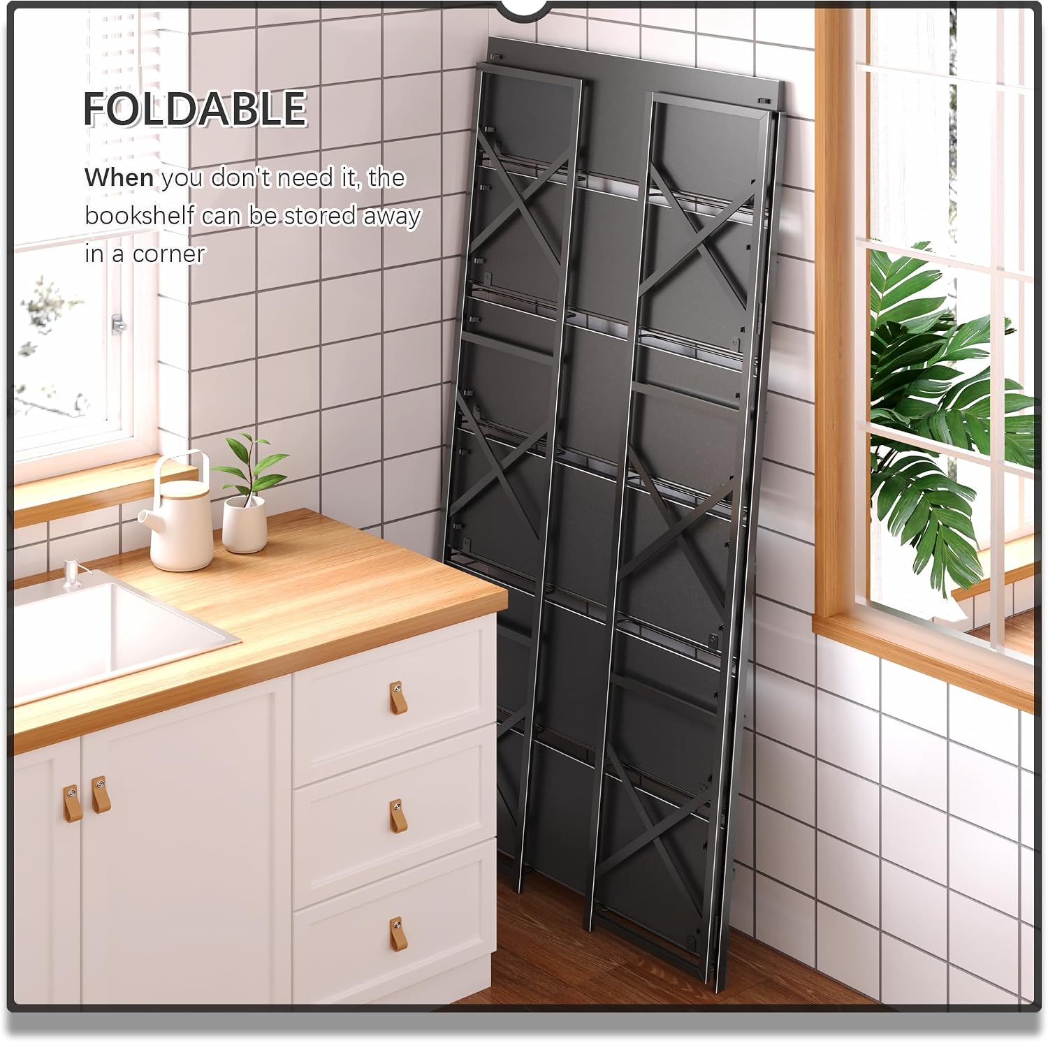 4NM Extra Wide 6 Tiers No Assembly Book Shelves, 61.8' H Folding Bookshelf Bookcase Open Industrial Foldable Shelves for Bedroom, Living Room, Home Office - All Black