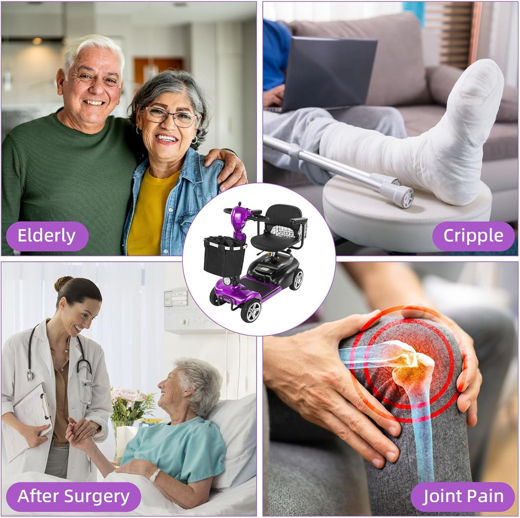 20 Miles 4 Wheels Mobility Scooter for Seniors/Adults Up to 300LBS,350W Electric Wheelchair Detachable Lithium Battery,Dual Baskets,Rotating Seat,with Taillight, USB Charging, Purple