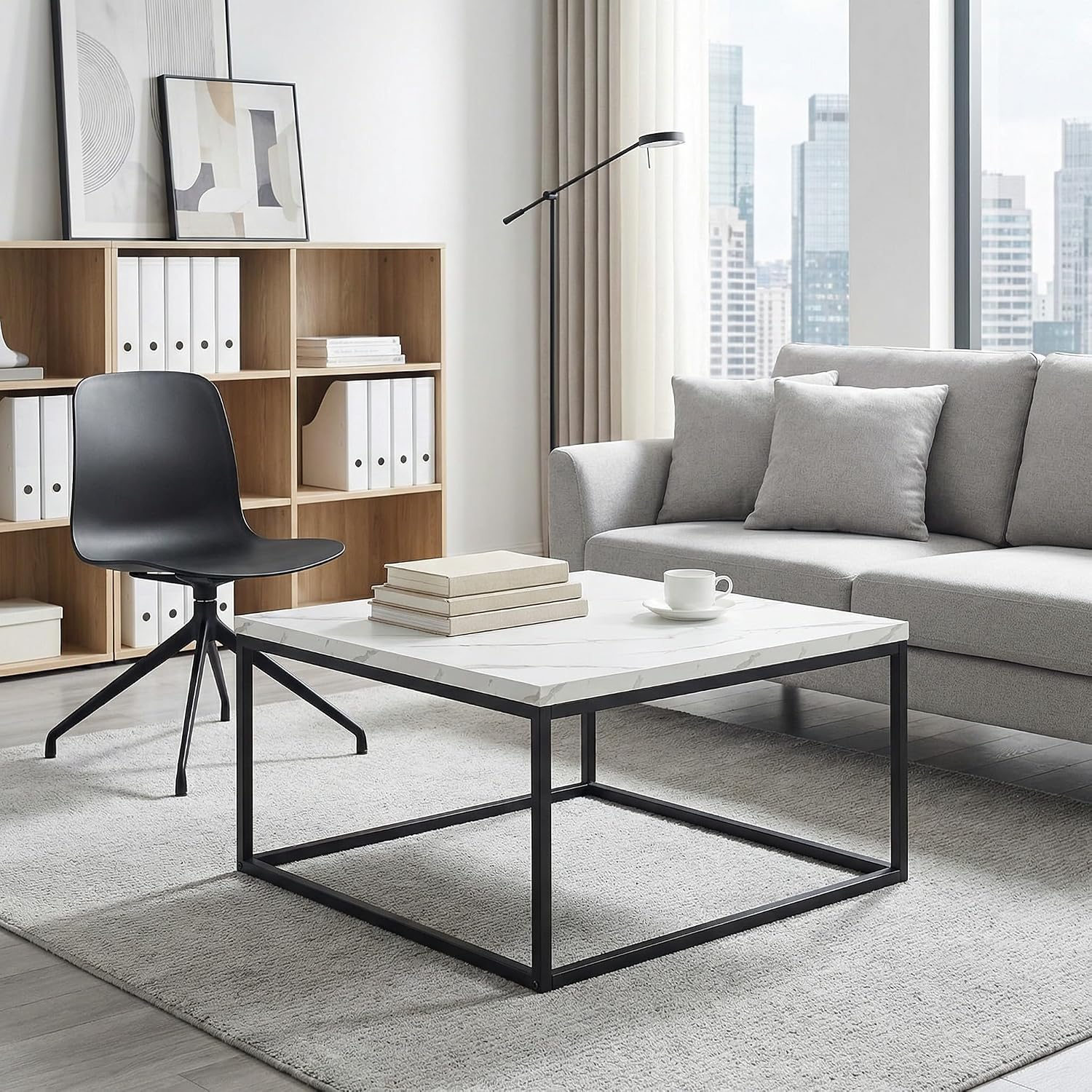 CENSI 30' Square Coffee Table, White Faux Marble Center Table for Living Room, Modern Minimalist Cocktail Table with Black Metal Frame, Extra Thick 1.2' Wood Top, Sturdy & Easy Assembly