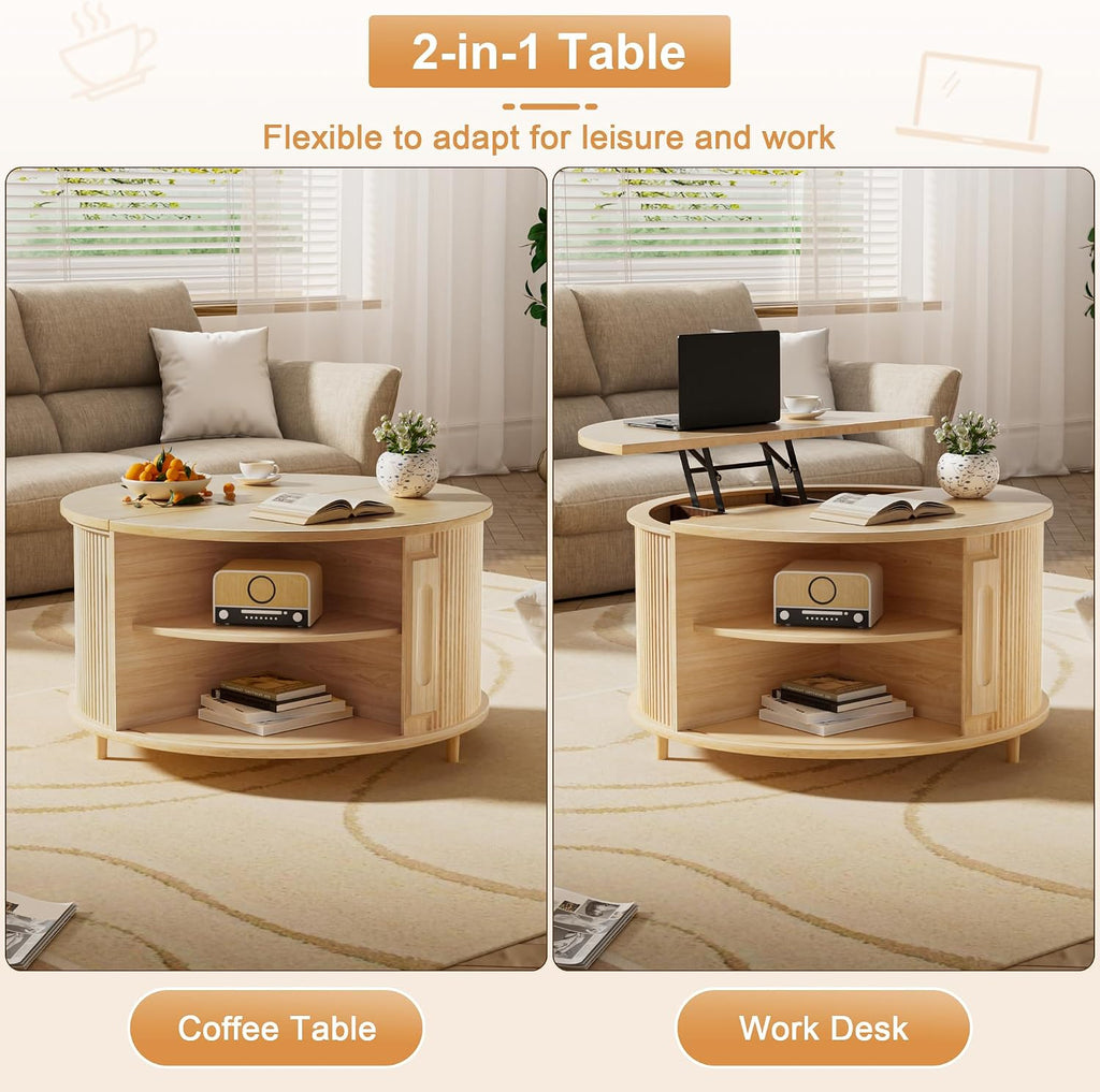Round Lift Top Coffee Table, 31.5' Fluted Wood Lift Up Center Table with Sliding Door & Hidden Storage – Mid Century Modern Circle Coffee Table for Living Room, Apartmentm, Home Office (Natural)