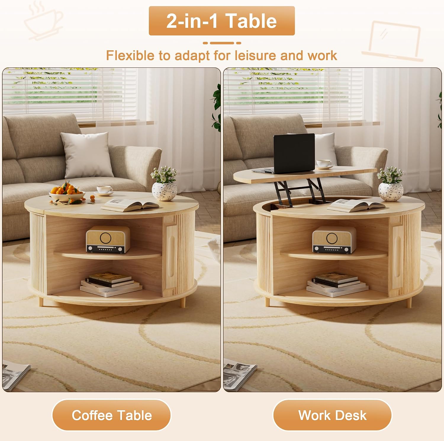 Round Lift Top Coffee Table, 31.5' Fluted Wood Lift Up Center Table with Sliding Door & Hidden Storage – Mid Century Modern Circle Coffee Table for Living Room, Apartmentm, Home Office (Natural)