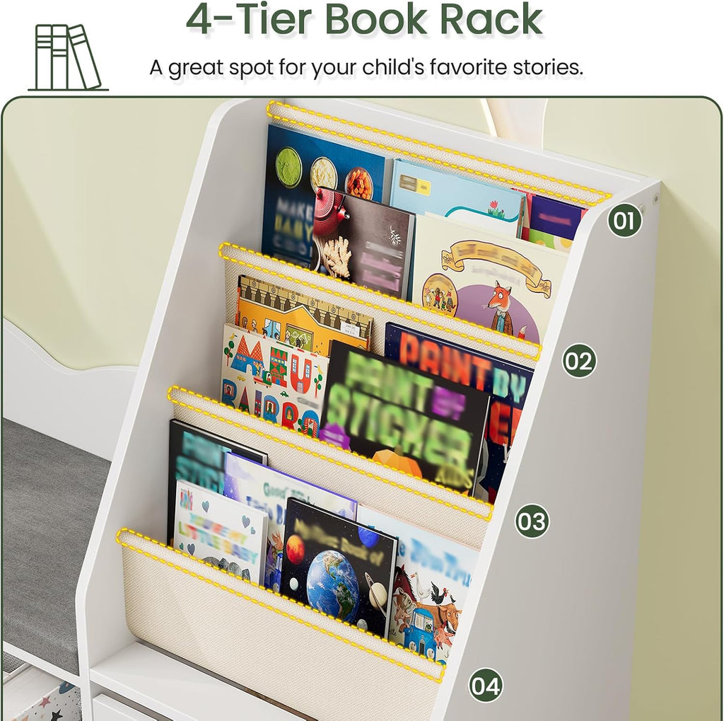 CHOEZON 53.1' Kids Bookshelf with Reading Nook, 4-in-1 Children's Bookcase with Soft Bench, Mobile Drawer & Fabric Bins, Storage Shelves, Bookshelf for Kids, White MCW18WB