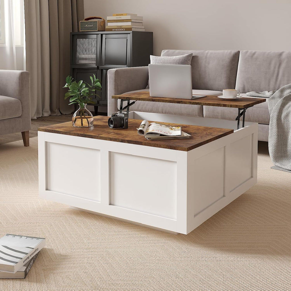 HedoAjim Lift Top Coffee Table with Storage, 31.5' Square White Coffee Table with Large Hidden Storage, Wood Living Room Table Center Table for Living Room Dining Reception Room