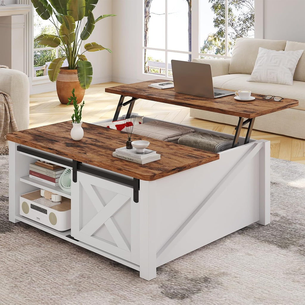 SEDETA 31.5' Lift Top Coffee Table with Storage, Square Coffee Tables for Living Room, Farmhouse Coffee Table with Large Hidden Storage Compartment and Adjustable Shelves, White