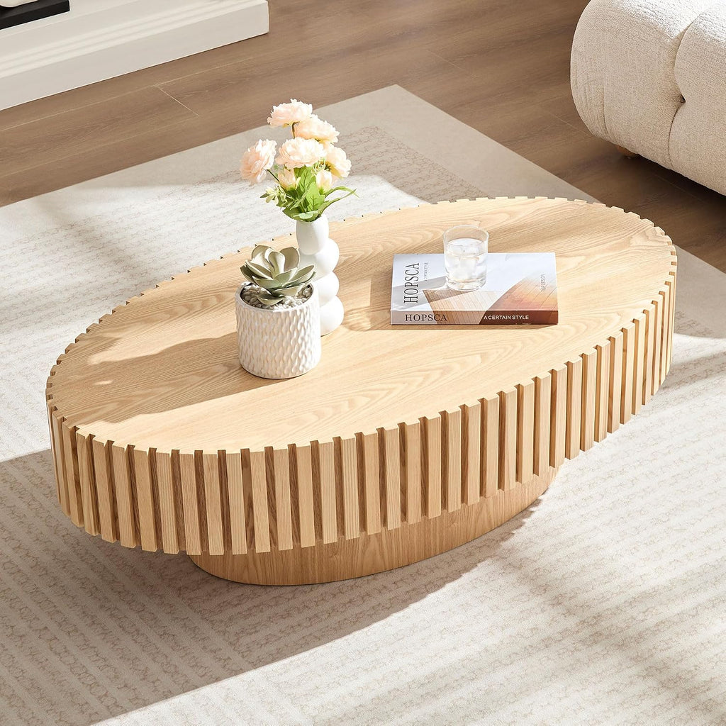 Oak Oval Modern Coffee Table for Living Room, Contemporary Circle Fluted Drum, Easy Assembly, Wood (43.7'' x 24.8'' x 13.38'')