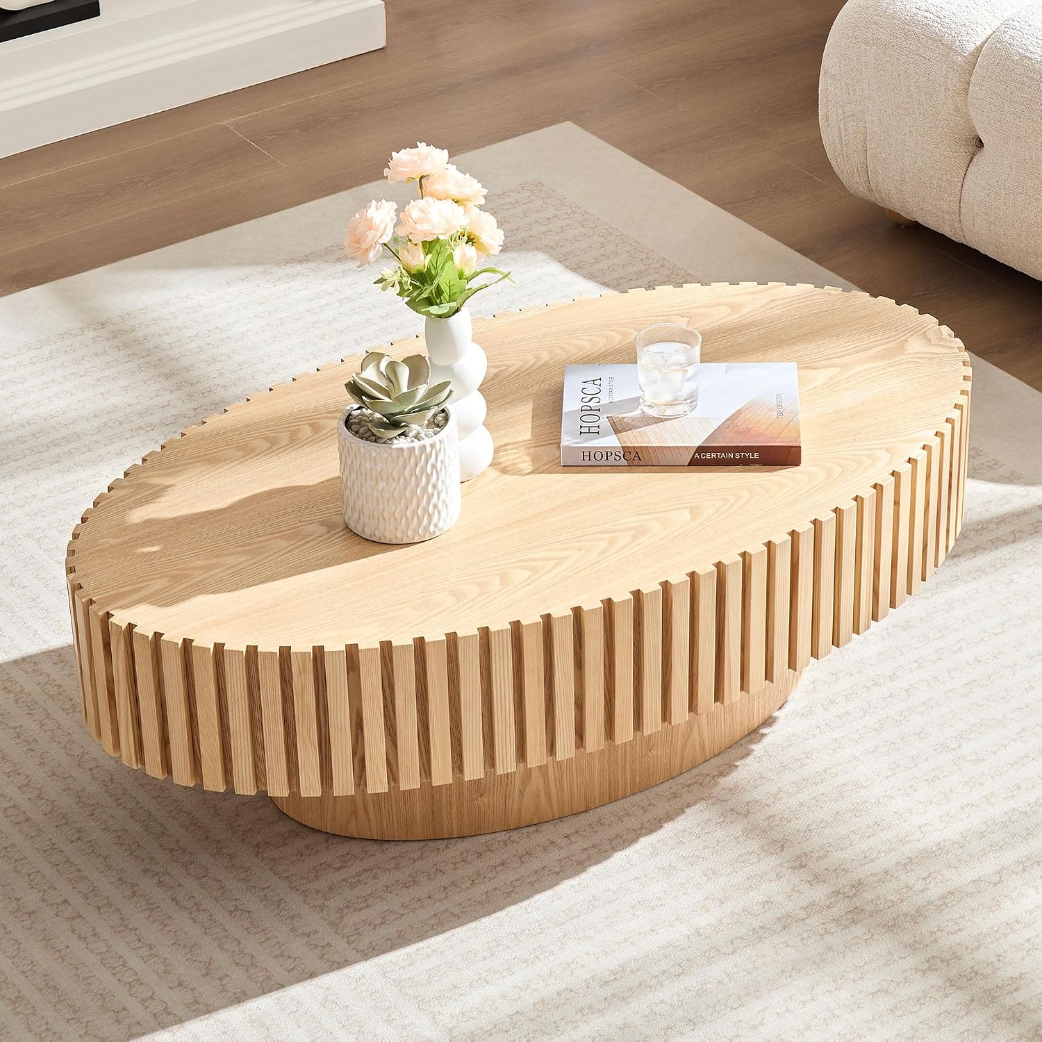 Oak Oval Modern Coffee Table for Living Room, Contemporary Circle Fluted Drum, Easy Assembly, Wood (43.7'' x 24.8'' x 13.38'')
