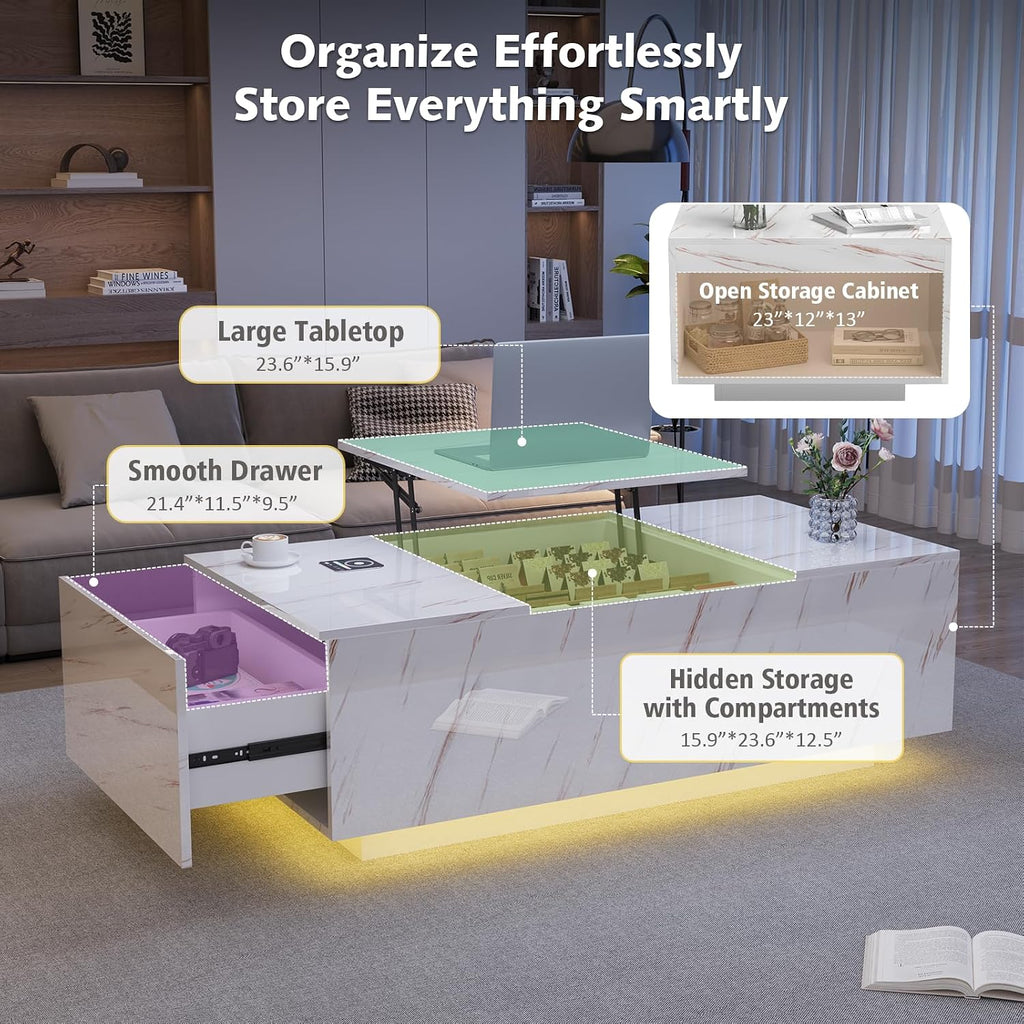 LED Coffee Table, 47.2' Lift Top Coffee Tables with Drawers and Large Storage, Smart Living Room Table with Wireless Charging & Bluetooth Speaker, Dining Center Tables with Storage Shelf, White