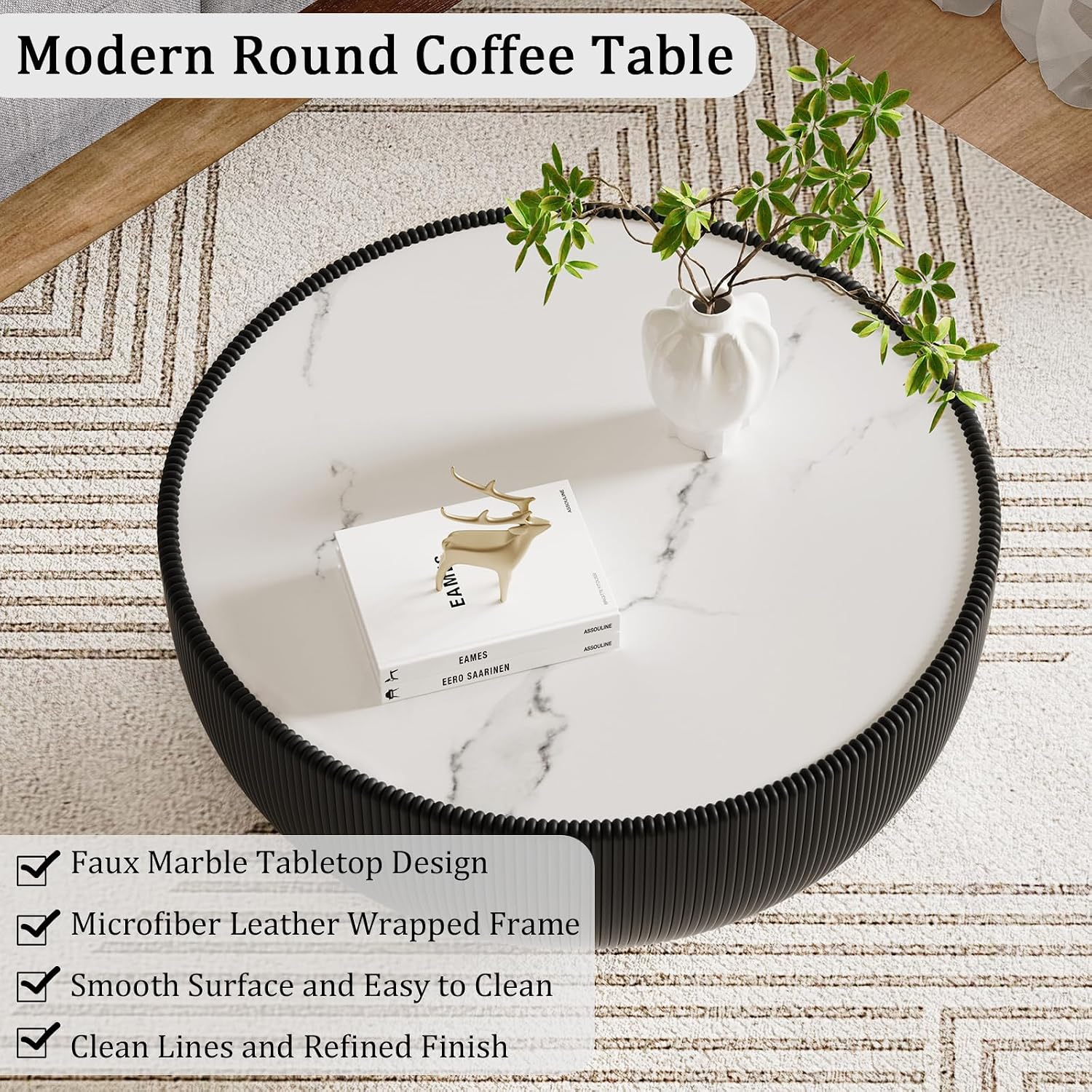Round Coffee Table Set with Sintered Stone Tabletop, 27.56' Black Drum Center Table and 19.69' White Coffee Table Set, 2 Pieces Living Room Table Set with Fluted PU Leather Cover& Metal Base