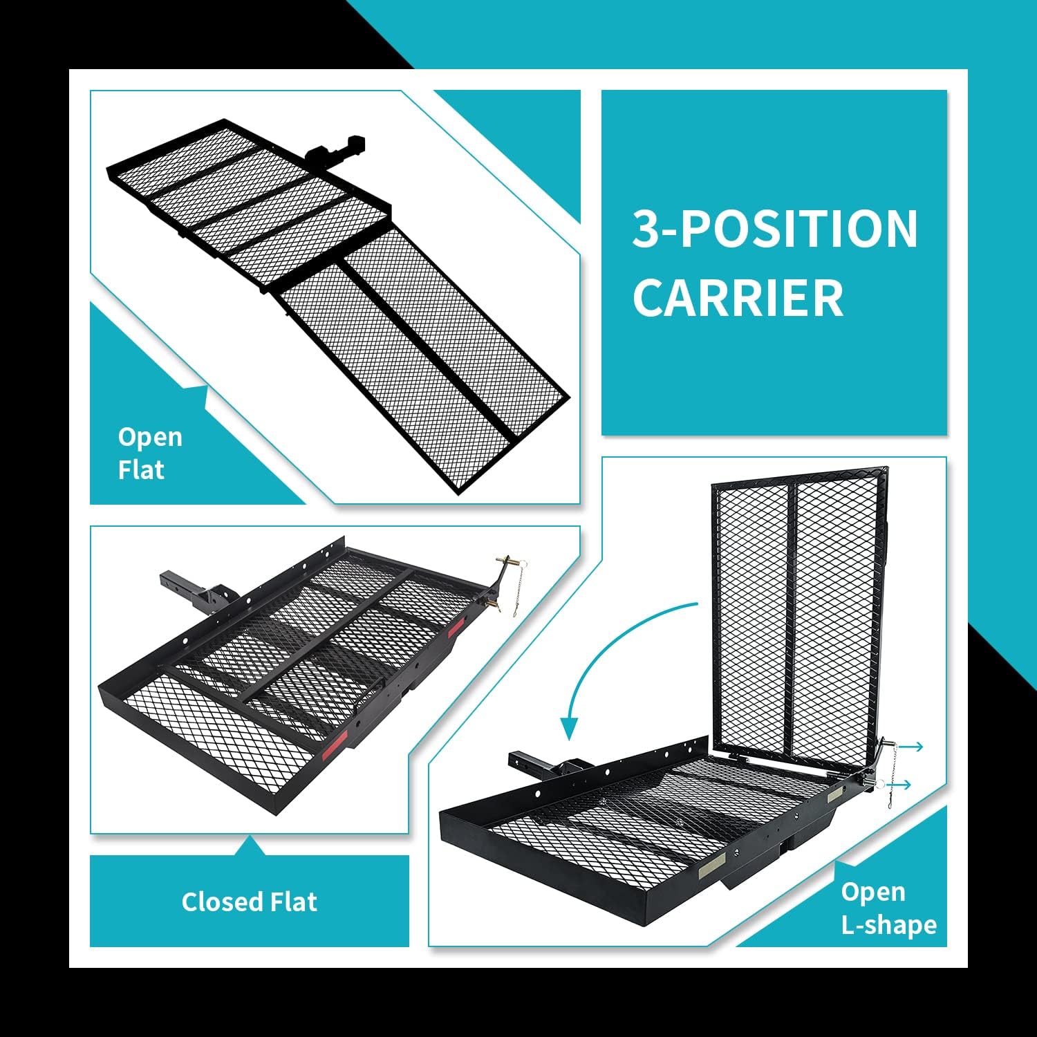 New Mobility Carrier Ramp Hitch Mounted 46.2 x 26.8 x 38.7 500 lbs for | Wheelchair Electric Scooter Medical Disability with Rack Ramp Capacity Steel w/3' Rail Fit 2' Hitch Receiver SUV Truck Van