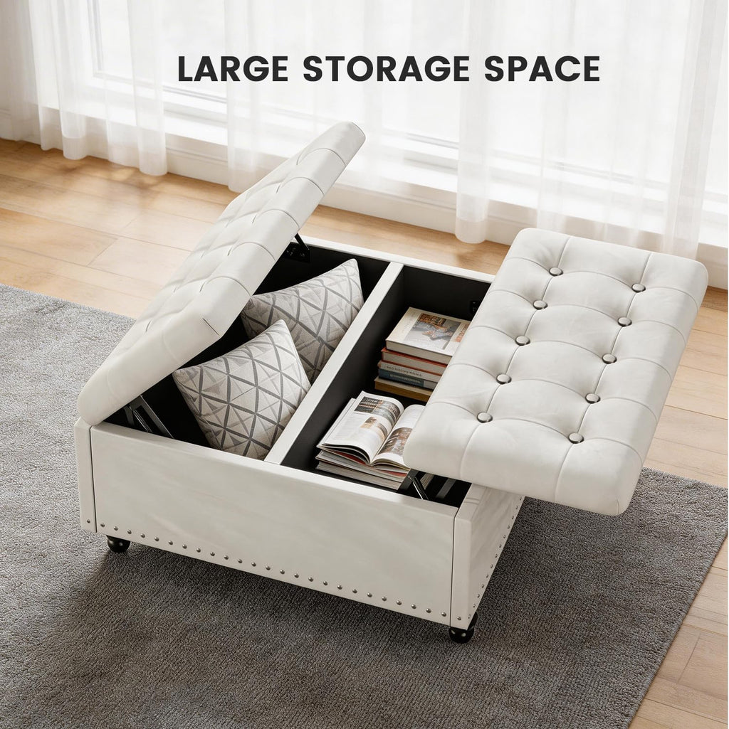 FUXA 35 Inch Large Square Ottoman with Storage, Oversized Ottoman Coffee Table with Lift Top and Wood Legs, Tufted Upholstered Storage Ottoman Bench for Living Room (Beige)