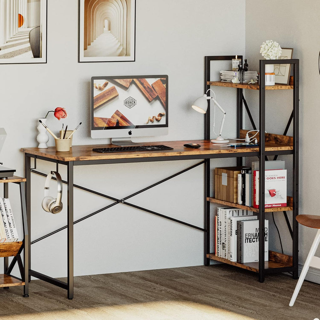 IRONCK Computer Desk 55' with Power Outlet and Storage Shelves, Study Writing Table with USB Ports Charging Station, PC Desk Workstation for Home Office, Rustic Brown