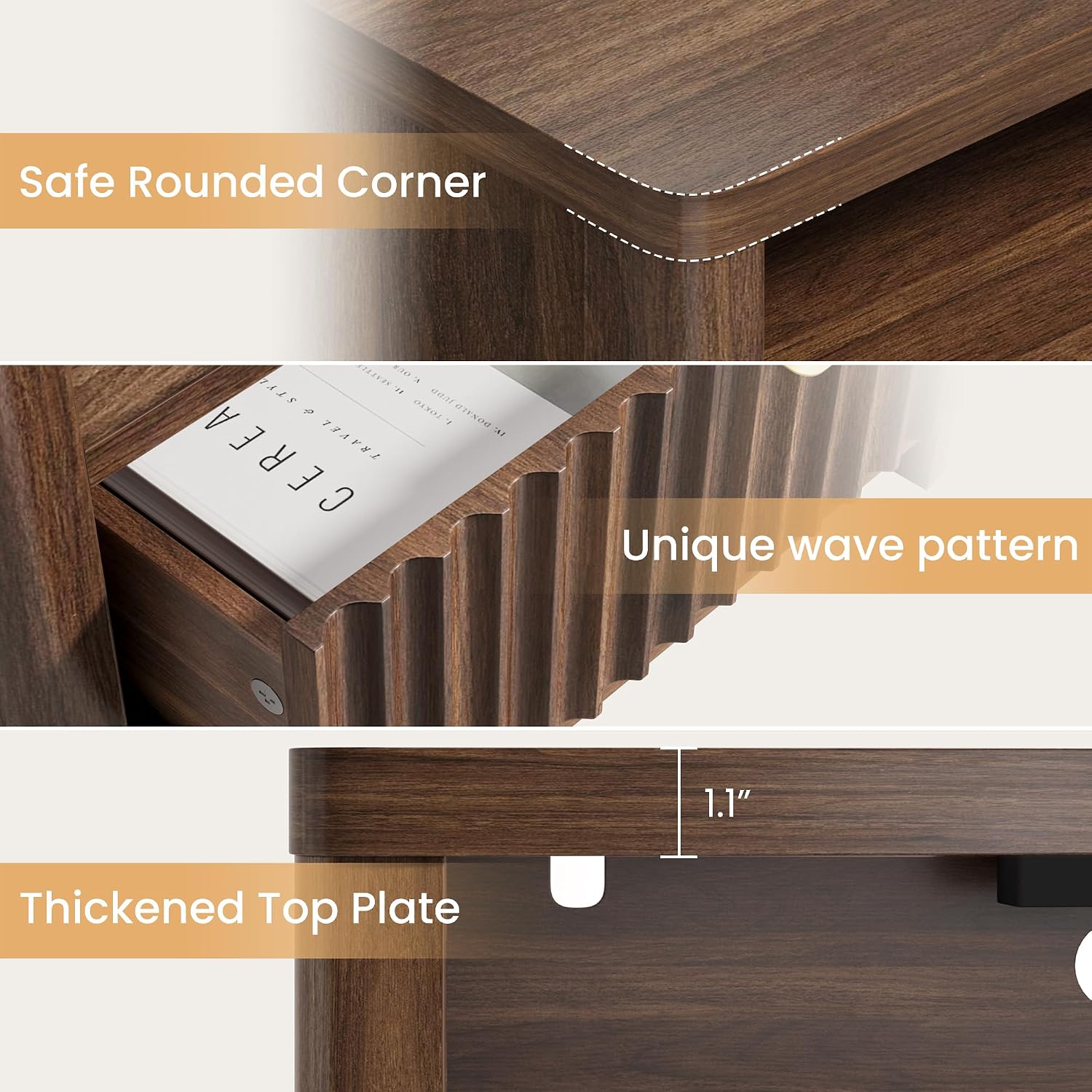 CypBed 23' Wide Fluted Nightstand with Charging Station,24'' Tall Modern Mid Century Night Stand with 2 Drawers,Wood Bedside Table with Curved Profile Design,Large End Table for Bedroom,Walnut,1 Pcs
