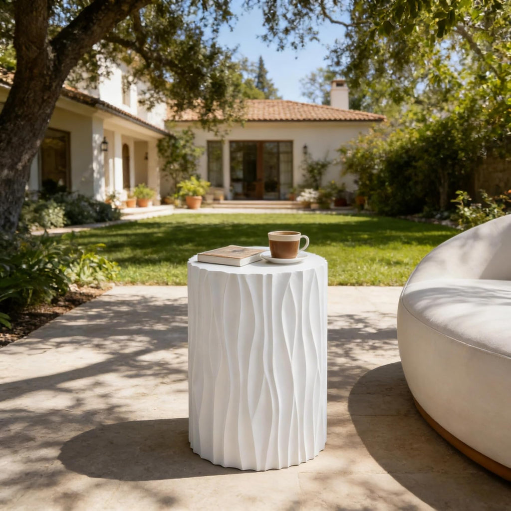WILLIAMSPACE 15.75' Round Side Table with Wavy Fluted for Indoor & Outdoor, Modern Travertine Faux Marble Stone Small Coffee Table End Table, Magnesium Oxide, No Assembly, White