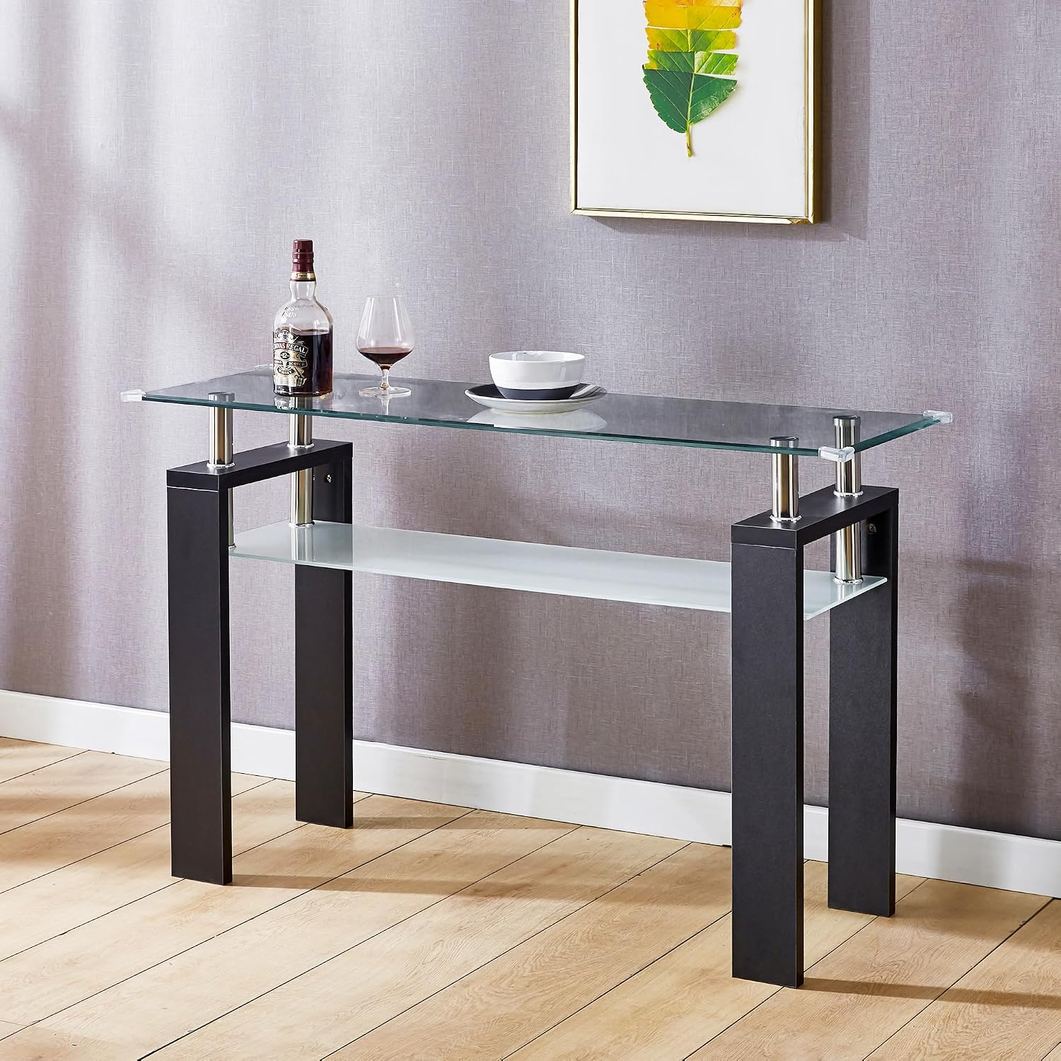 47' Glass 2-Tier Console Table, Modern Rectangle Sofa Table with Metal Frame and Tempered Glass Shelf, Accent Narrow Table for Entryway Living Room, Bedroom
