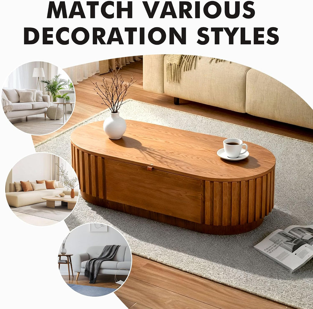 Flip Top Oval Coffee Table with Compartment Storage, 47'' Mid Century Modern Coffee Table for Living Room, Fluted Center Table Tea Table with Soft Handle for Small Space Office Apartment