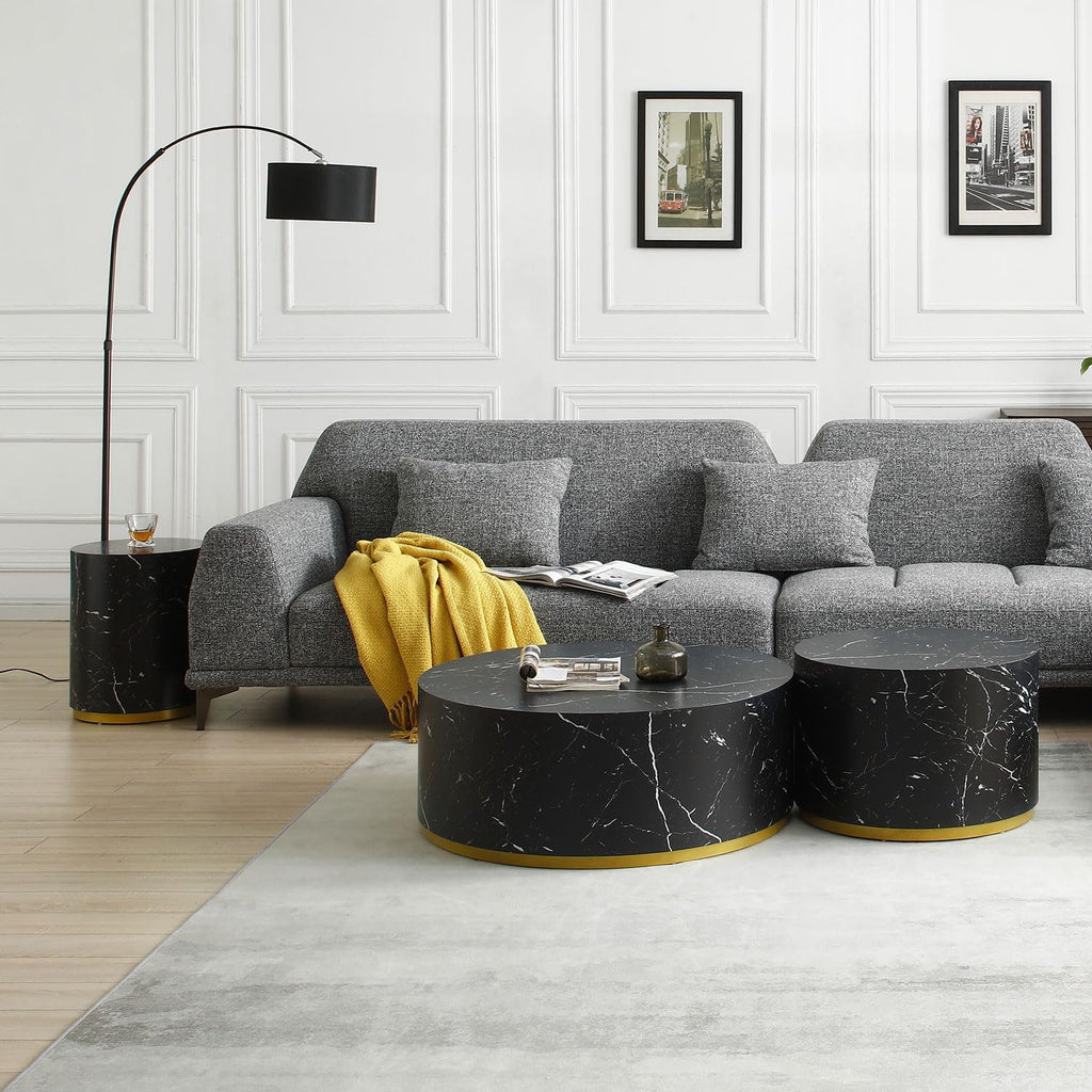WILLIAMSPACE Wood End Table with Gold Rim Bottom & Marble Texture, Round Side Table for Small Spaces, Nightstand Sofa Table for Living Room Bedroom, ø15.75' * 19.69'H (Black)