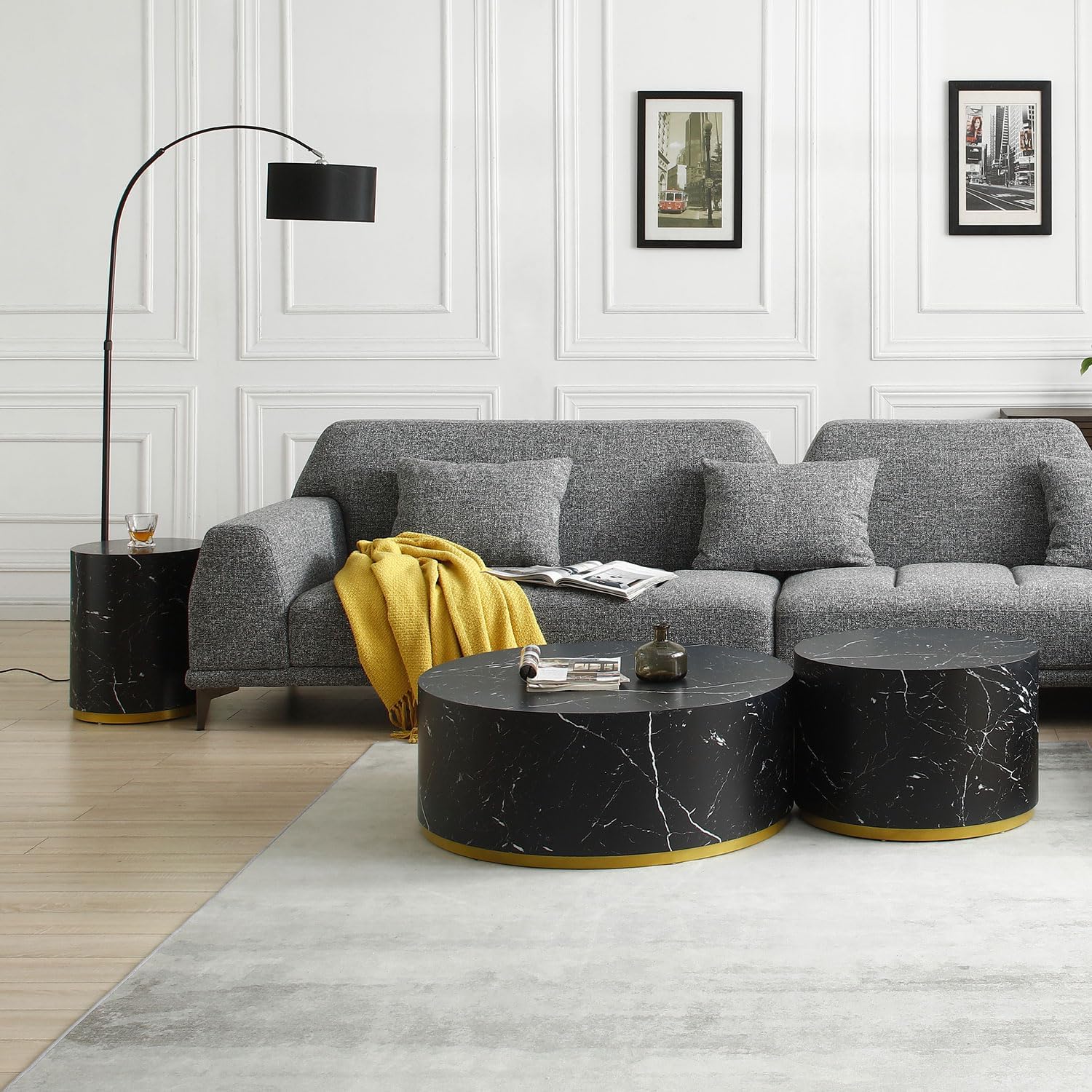 WILLIAMSPACE Wood End Table with Gold Rim Bottom & Marble Texture, Round Side Table for Small Spaces, Nightstand Sofa Table for Living Room Bedroom, ø15.75' * 19.69'H (Black)