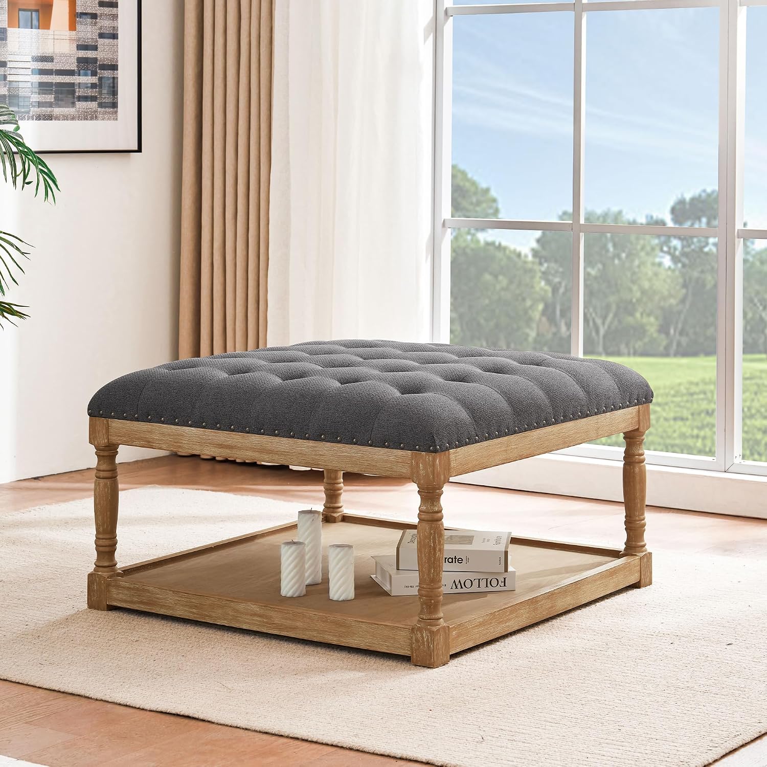 HUIMO 33-inch Large Square Ottoman Coffee Tables for Living Room, Tufted Upholstered Linen Ottoman with Storage Shelf and Solid Legs for Office Bedroom Farmhouse (Dark Grey)