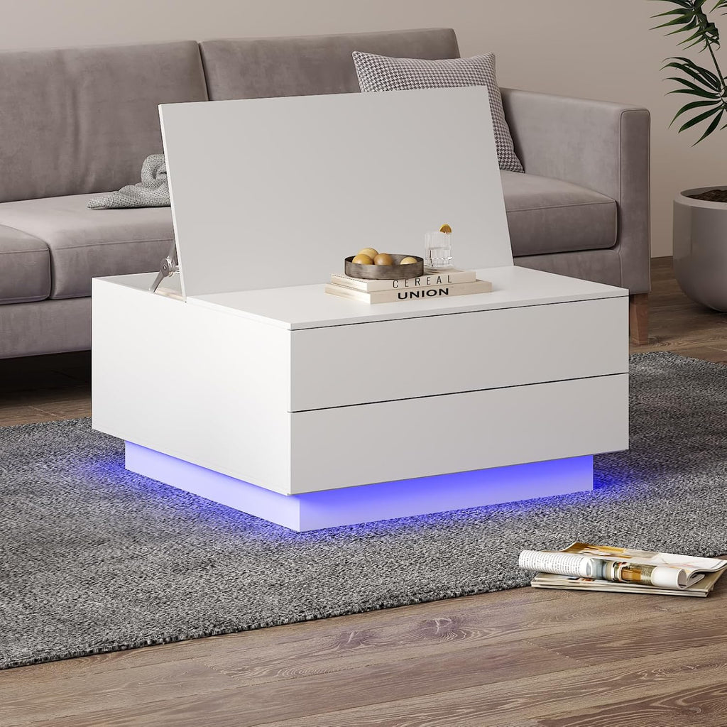 HedoAjim Square Coffee Tables with Storages, Modern White Coffee Table for Living Room, Flip Cover Coffee Tables and 2 Spacious Drawers, Coffee Table with LED Light
