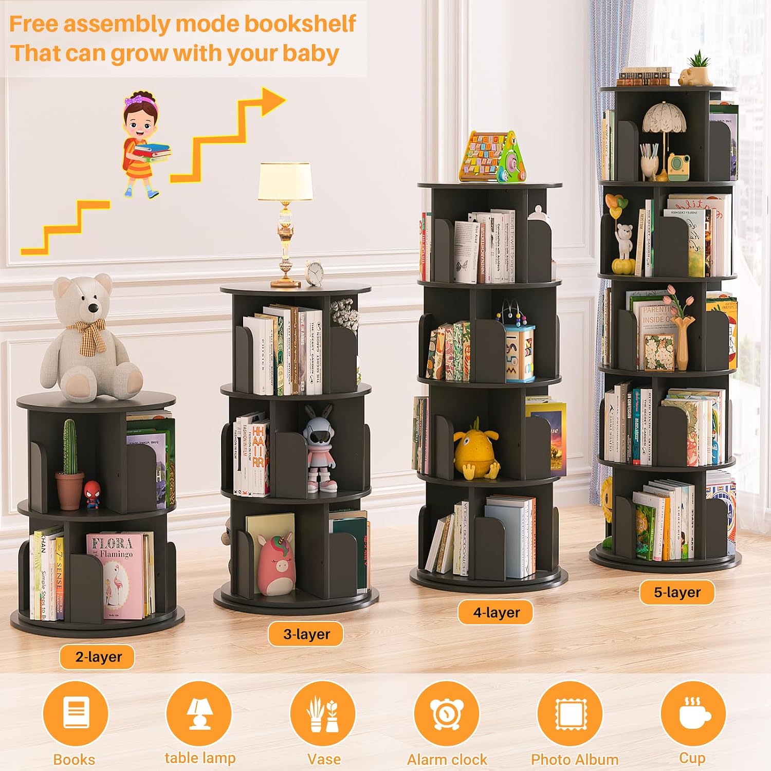 Aheaplus 5 Tier Rotating Bookshelf, Wood Spinning Bookshelf Tower, Round Revolving 360 Bookcase, Narrow Turning Book Shelf Rolling Corner Organizer for Small Space, Bedroom, Office, Black