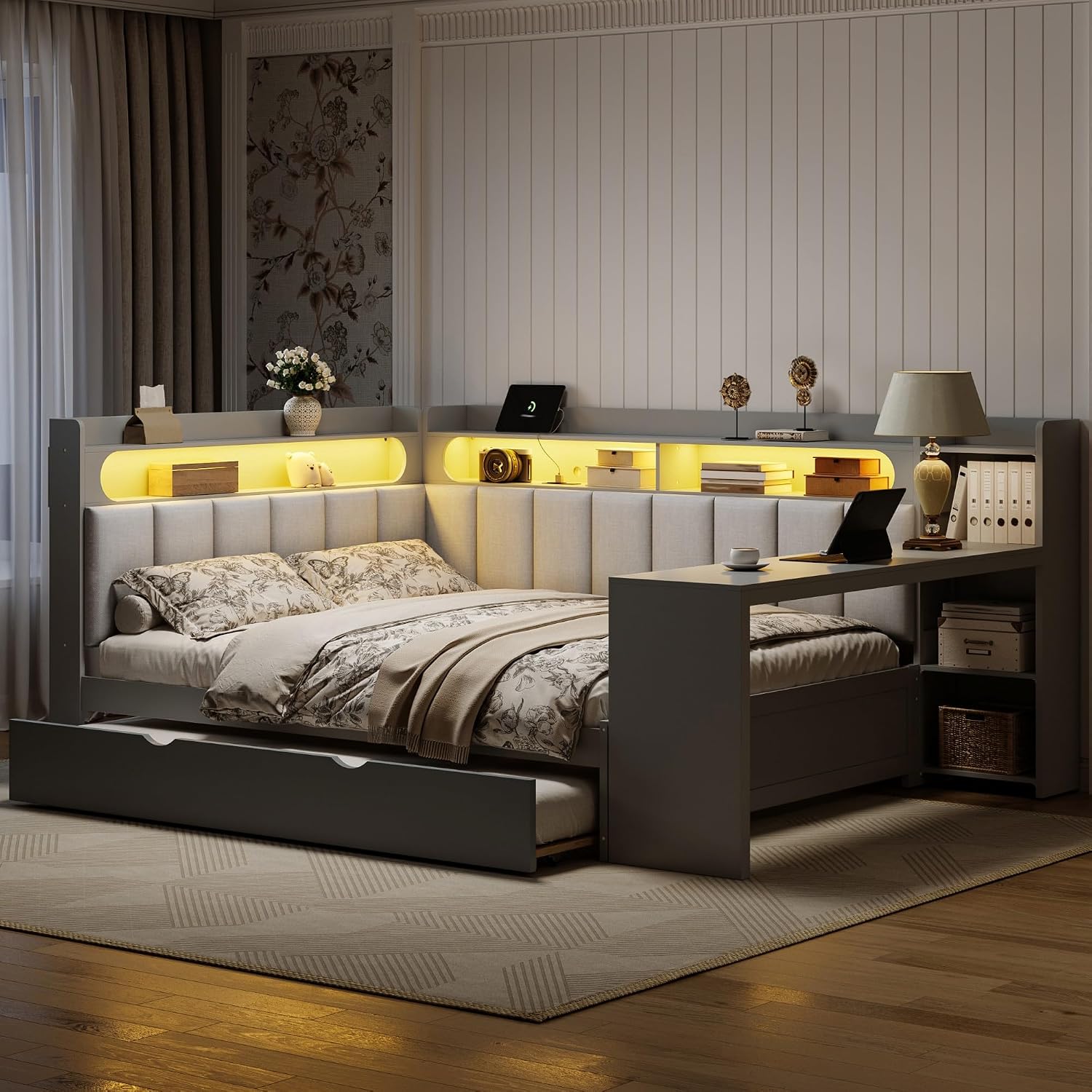 Corner Bed Frame with Trundle and Shelves, Full Size Daybed with LED Lights, Storage Headboardand Desk for Kids Teens Boys Girls, Space Saving, No Box Spring Needed, Gray