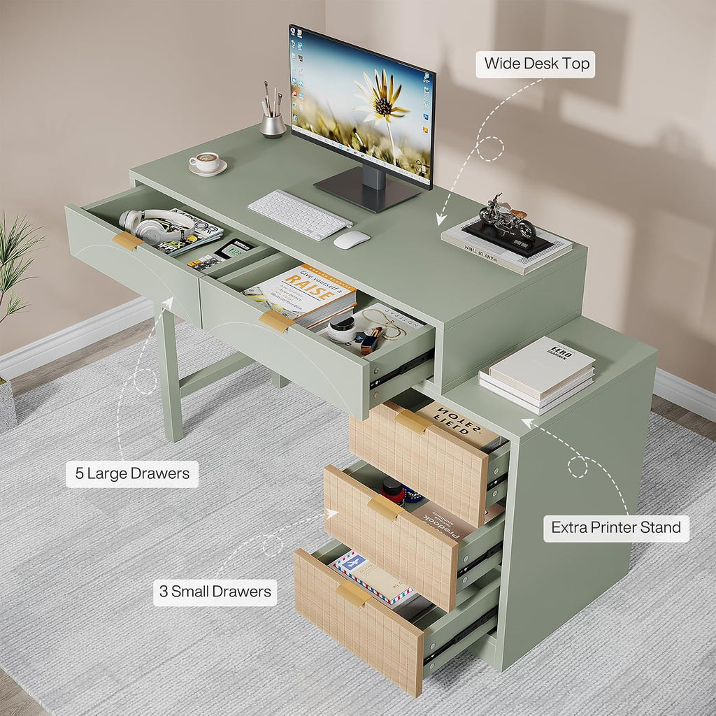 Tribesigns Computer Desk with 5 Drawers, Reversible Small Writing Desk with Storage, Modern Wooden Study Table Workstation for Home Office, Small Spaces, Mint Green