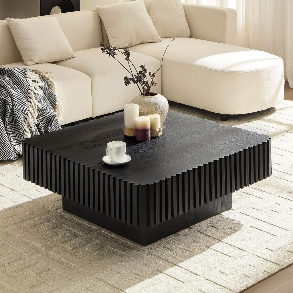 35.43'' Square Coffee Table for Living Room Fluted Coffee Table Modern Center Table with Pedestal for Apartment Black