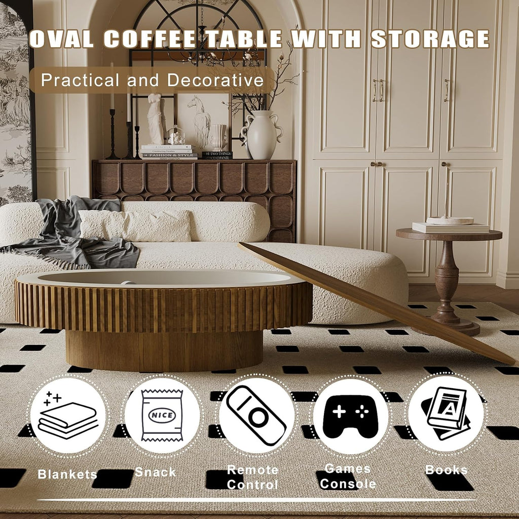 Oval Coffee Table with Storage, Modern Walnut Coffee Table with Solid Wood Veneered, Fluted Center Table Wood Drum Tea Table for for Living Room Apartment, 47.2''L×23.6''W×14.2''H
