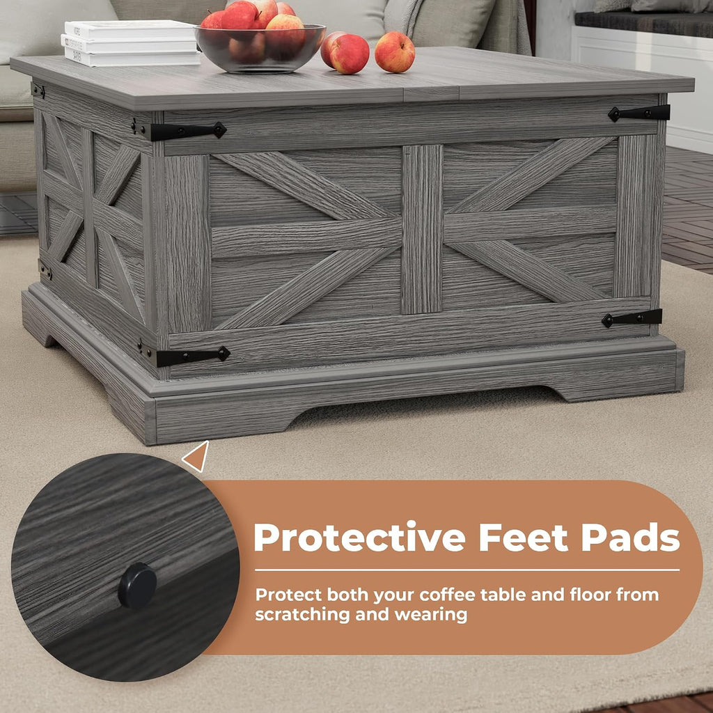 Farmhouse Coffee Table with Large Hidden Storage, Square Wood Living Room Tables, Multi-Function Lift Wooden Barn Door Center Table (Wah Grey)
