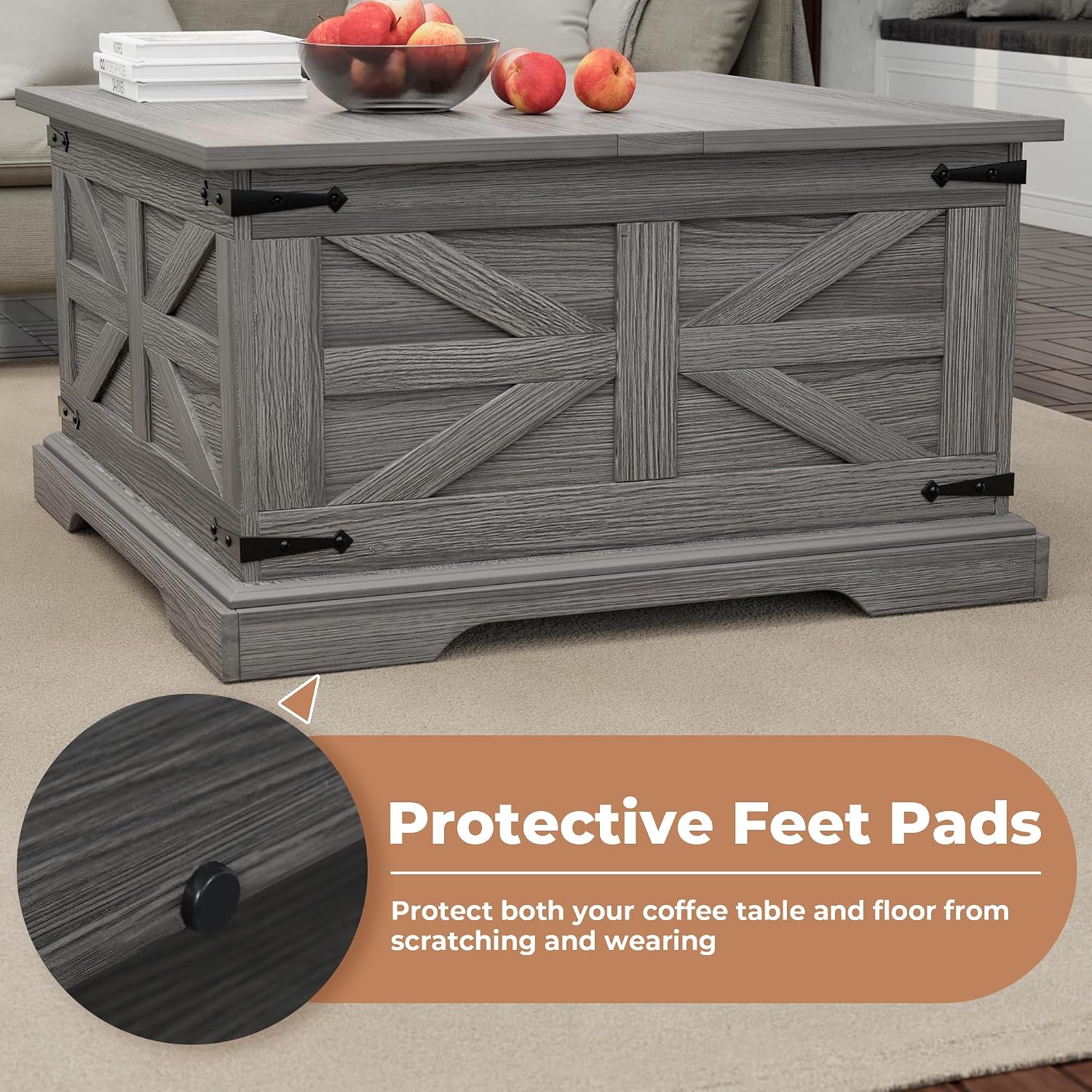 Farmhouse Coffee Table with Large Hidden Storage, Square Wood Living Room Tables, Multi-Function Lift Wooden Barn Door Center Table (Wah Grey)