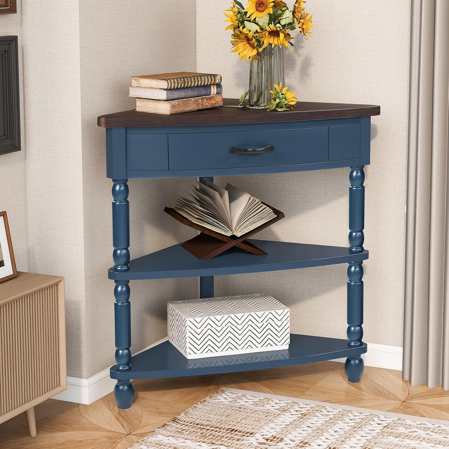 33.86' Corner Table, Wood 3 Tier Triangle Side Table Corner Shelf Stand with Solid Wood Legs 1 Drawer & 2 Storage Shelves for Living Room Small Space (Navy Blue)
