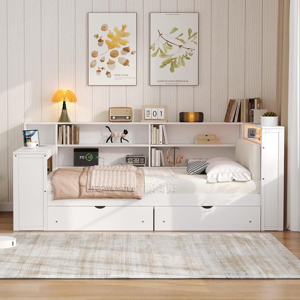 Wood Full Size Daybed with Storage Shelves and Desk, L-Shaped Corner Platform Bed Frame with Upholstered Headboard and 2 Drawers for Office Living Room Bedroom, Space-saving (White-7.16, Full)