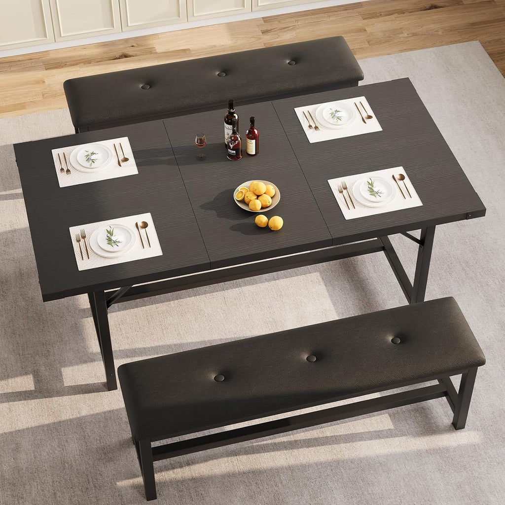 IDEALHOUSE 3 Piece Dining Table Set for 4-6, 63' Extendable Thick Metal Frame Kitchen Table with 2 Upholstered Benches Set for 6, Rectangle Wooden Dinette Table Set for Dining, Apartment, Retro Black