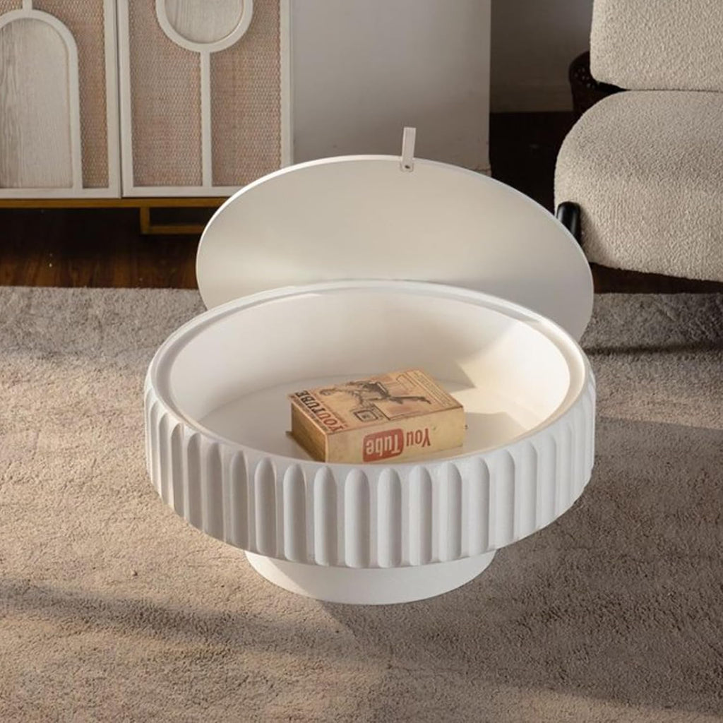 31.5'' White Round Coffee Table with Storage Space for Living Room, Modern Contemporary Circle Fluted Drum Pedestal Wood Coffee Table, Easy Assembly, White