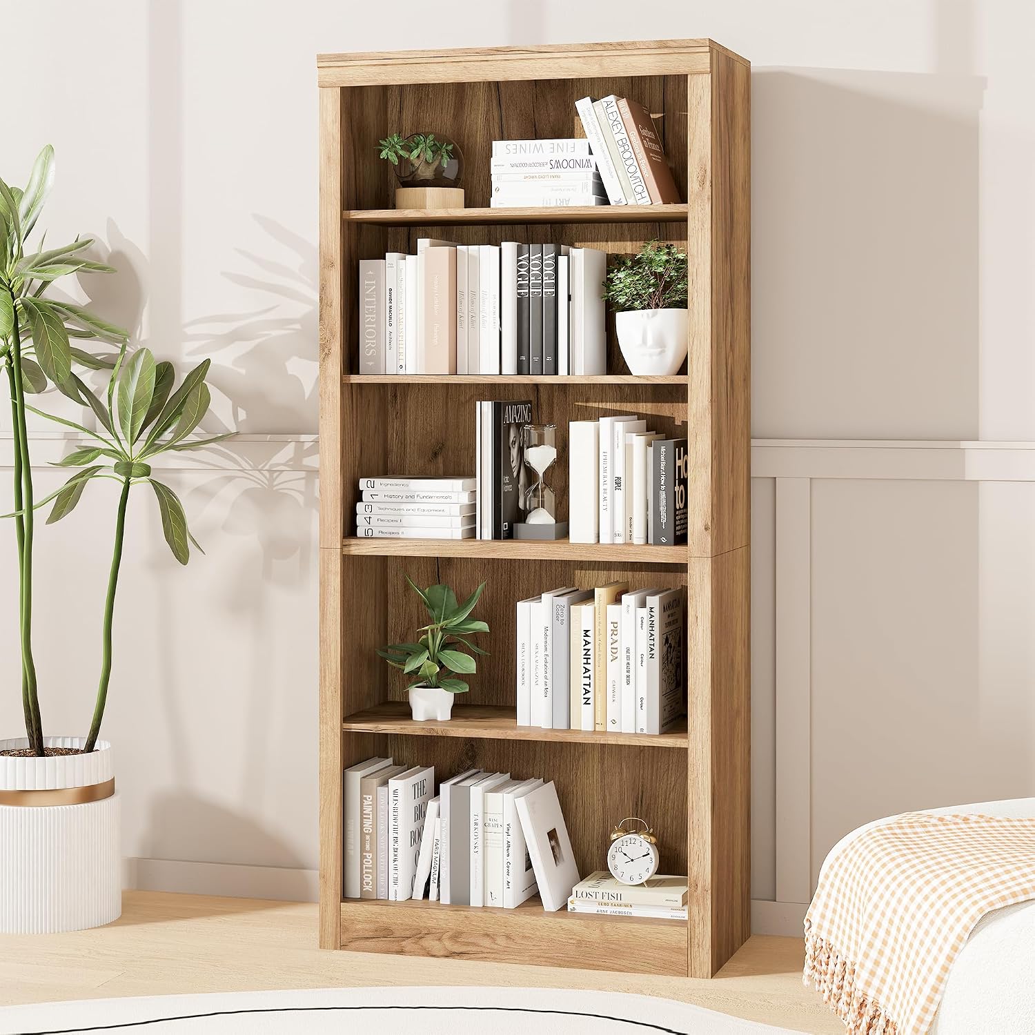 Garvee 71 in Tall Bookshelf, 5-Tiers Bookcase and Bookshelf, Wooden Open Storage Shelves with Anti-Tip Design, White Book Shelf for Bedroom, Living Room and Office, Brown