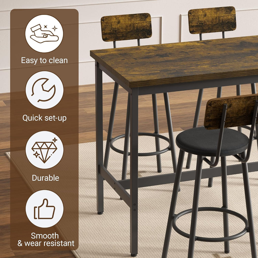 Elevon 47 in Long Bar Table Set with 4 PU Leather Bar Stools, Dining Table and Chair Sets, Industrial Tall Coffee Table and Back Chair for Kitchen, Living Room, Party Room, Pub, Brown
