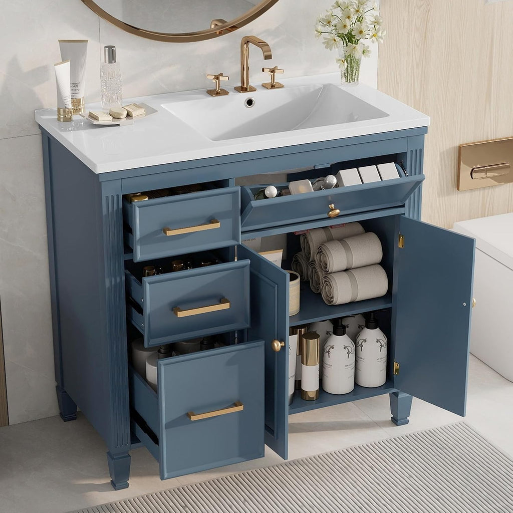 36' Bathroom Vanity with Ceramic Sink Set Combo, Tip-Out Drawer, Storage Cabinet Organizer with 2 Doors and Adjustable Shelf, Gray Blue