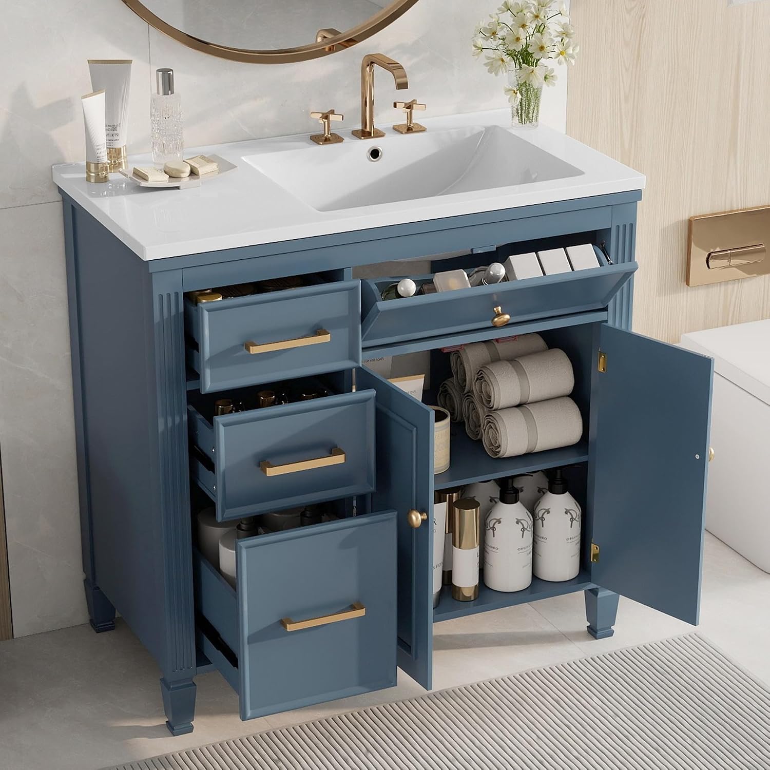 36' Bathroom Vanity with Ceramic Sink Set Combo, Tip-Out Drawer, Storage Cabinet Organizer with 2 Doors and Adjustable Shelf, Gray Blue
