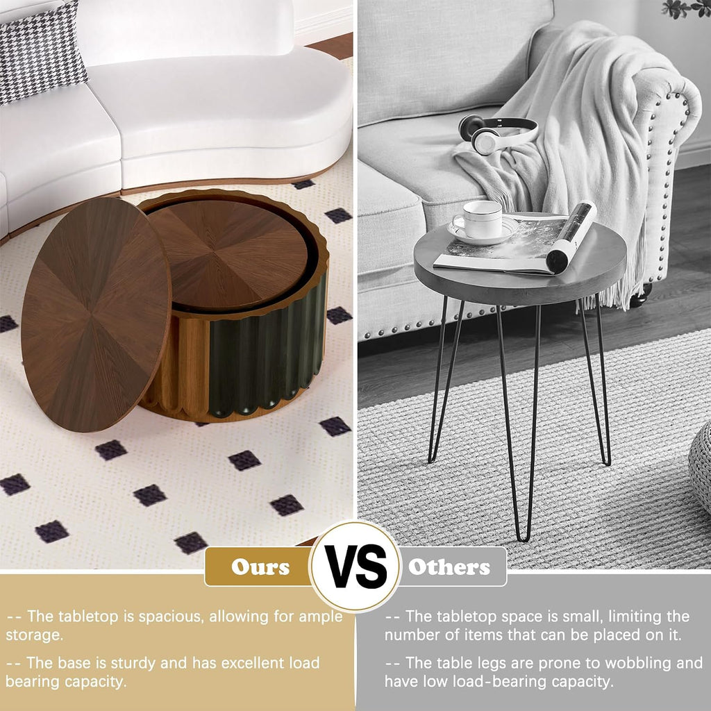 Round Nesting Coffee Table Set of 2 Wooden Round Fluted Coffee Tables with Storage, Modern Drum Side End Table Wooden Circle Accent Side Table for Living Room Bedroom, No Assembly (Brown 26.8'+19.7')