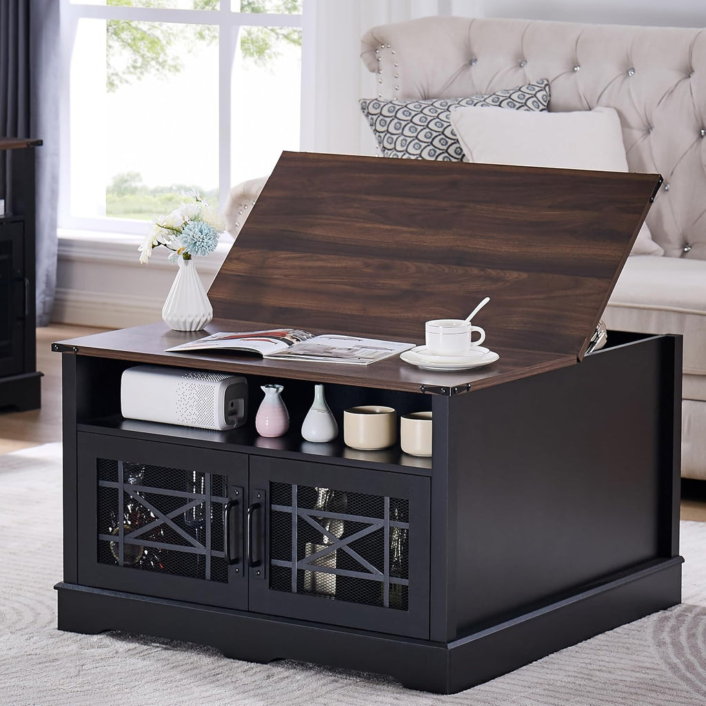 Square Coffee Table, Farmhouse Coffee Tables for Living Room, Wood Coffee Table with Storage, Black Coffee Table with Hidden Compartment, Rustic Center Coffee Table with Lift-up Top
