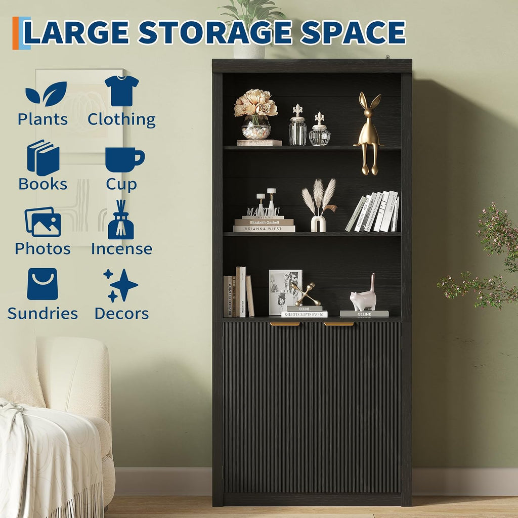 Tall Book Shelf and Bookcase, 31.5'Wide wooden Bookcase with Doors, Farmhouse Book Case with Large Storage, 5-Shelf Bookcases with Adjustable top Shelve for Home Office, Living Room, Black