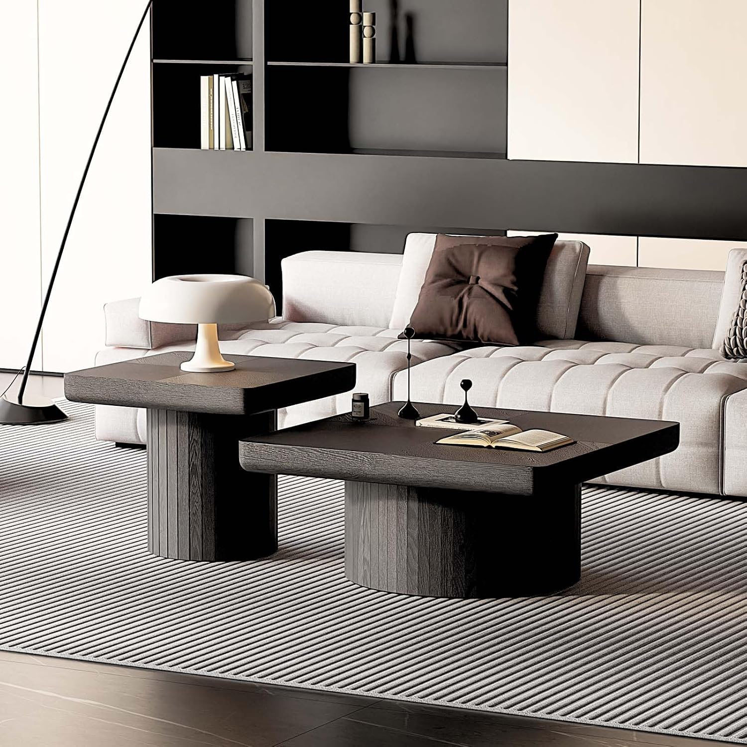 Modern Square Nesting Coffee Table Set, 2-Piece Coffee Tables with Cylindrical & Fluted Pedestal, Minimalist Center Table & Side Table for Wabi-Sabi Decor for Living Room Apartment, Black