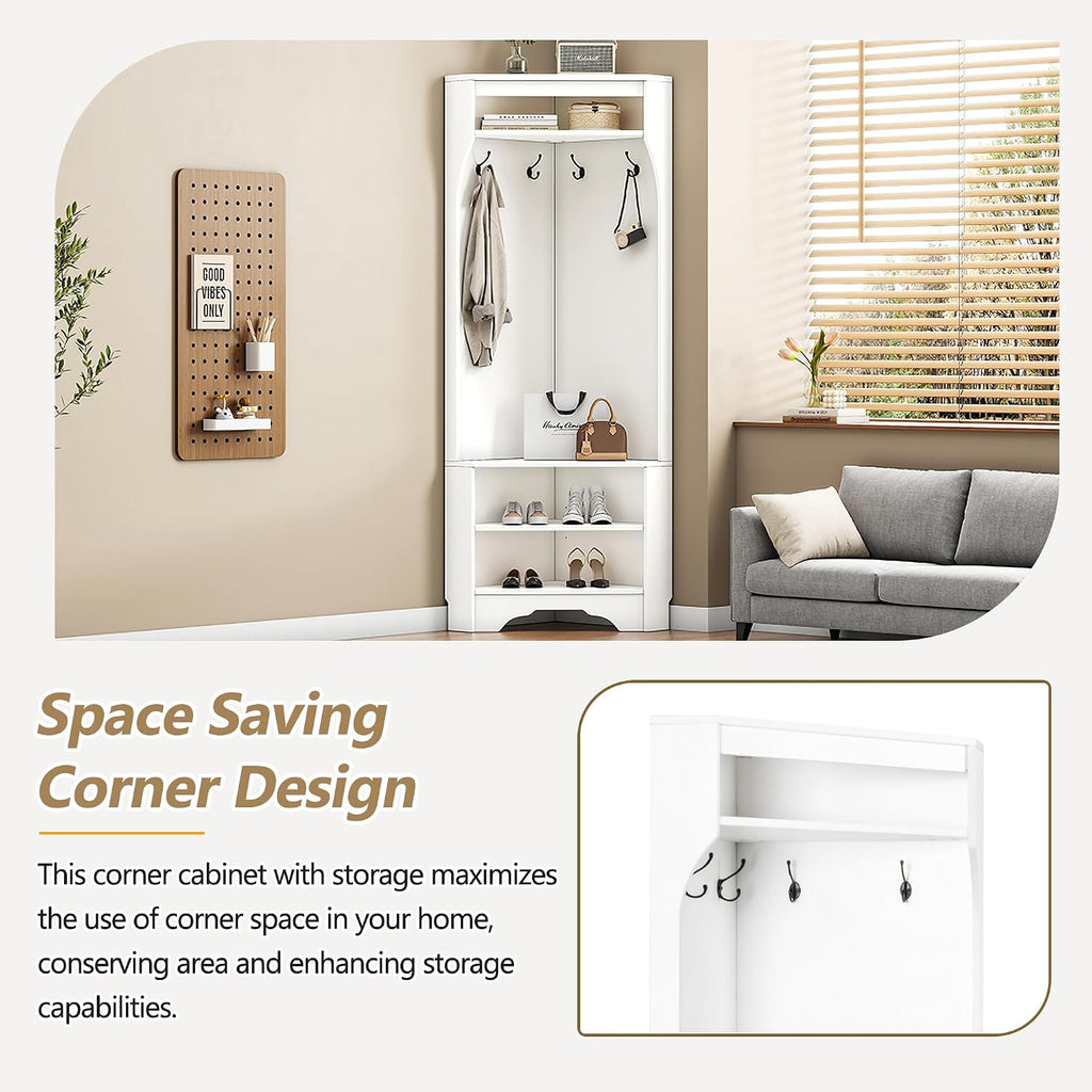 Corner Hall Tree, Versatile Wood Hall Tree with Shoe Bench & 4 Hooks, Modern Coat Rack Corner Cabinet with Adjustable Shelf for Hallway, Entryway, Bedroom,Living Room, White