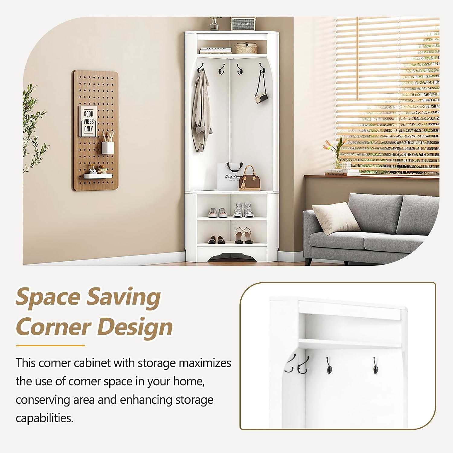 Corner Hall Tree, Versatile Wood Hall Tree with Shoe Bench & 4 Hooks, Modern Coat Rack Corner Cabinet with Adjustable Shelf for Hallway, Entryway, Bedroom,Living Room, White