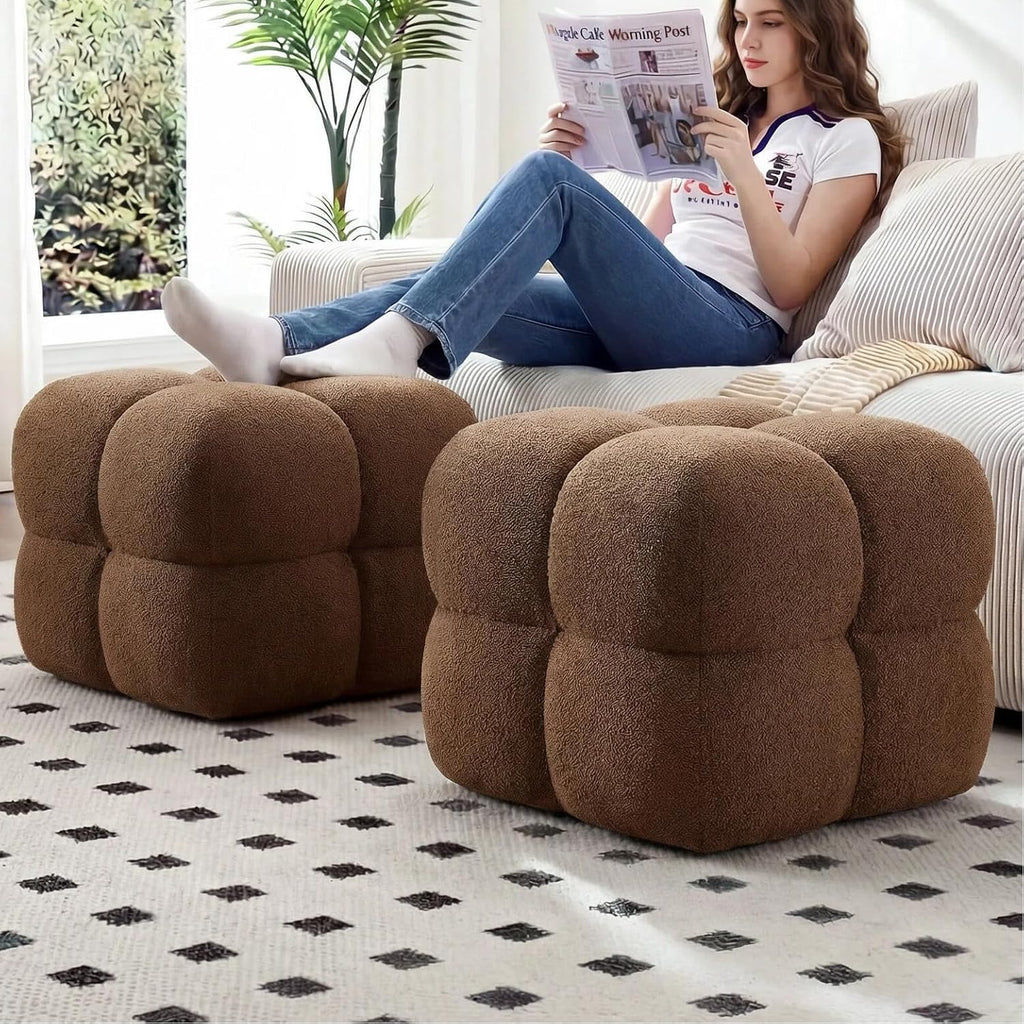 Zesthouse Square Pouf Ottomans Footstool Set of 2, Upholstered Poofy Ottoman for Couch Sofa, Modern Ottoman Coffee Table for Living Room, Rust Brown Boucle Fabric Stool Foot Rest, Cute Vanity Chair