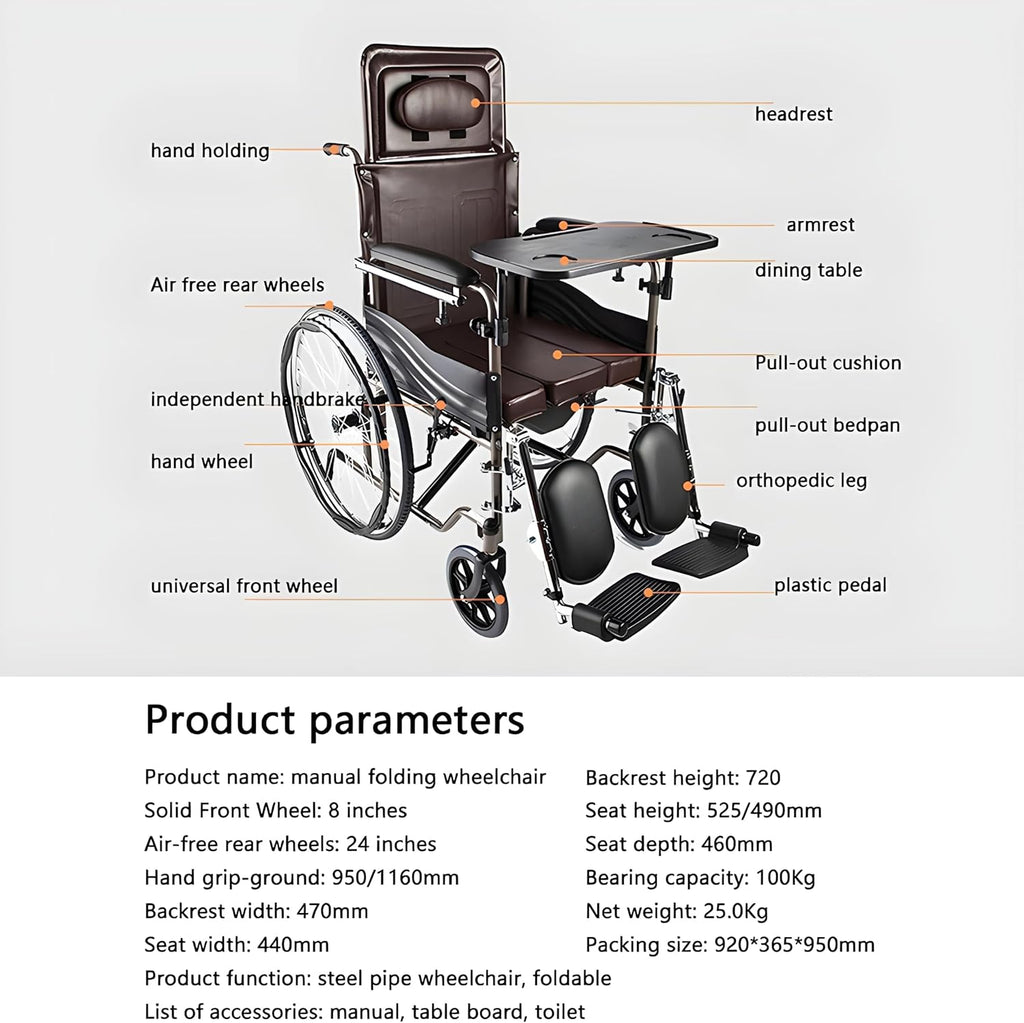 Reclining Wheelchair Commode Steel Bathroom Transport Shower Chair Foldable Lightweight Manual Wheelchair W/Dining Table Toilet Chair Scooter for Elderly